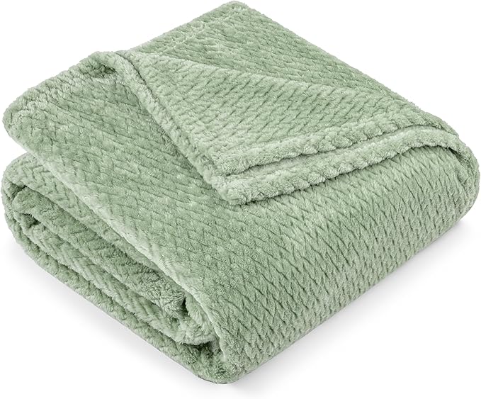 PAVILIA Soft Fleece Light Green Throw Blanket for Couch, Lightweight Plush Warm Blankets for Bed, Fuzzy Cozy Flannel Blanket Throw for Sofa, Travel, Jacquard Pattern, Sage Green, Twin, 60x80 inch
