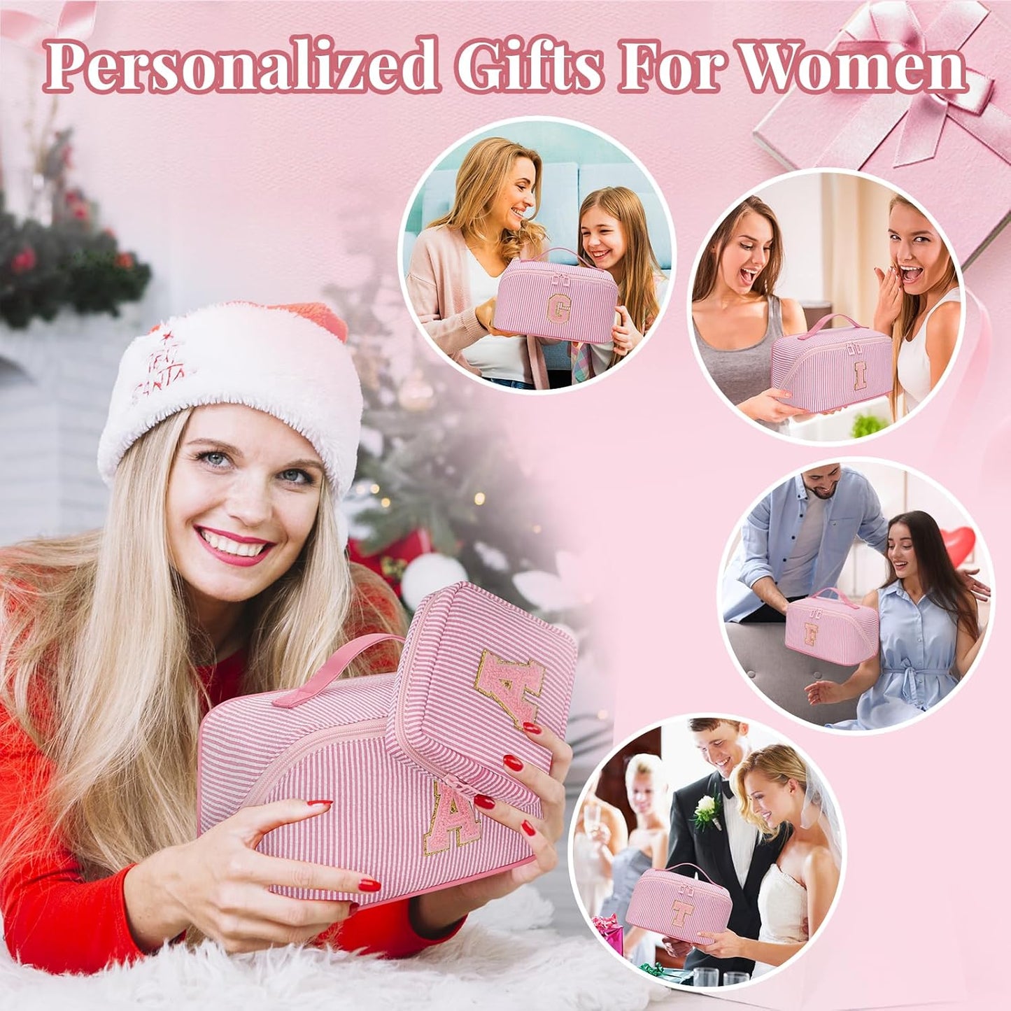 Travel Makeup Bag for Women, 2Pcs Portable Personalized Initial Makeup Organizer Bag, Open Flat Large Cosmetic Bag With Travel Essential Pouch (Pink Letter U)