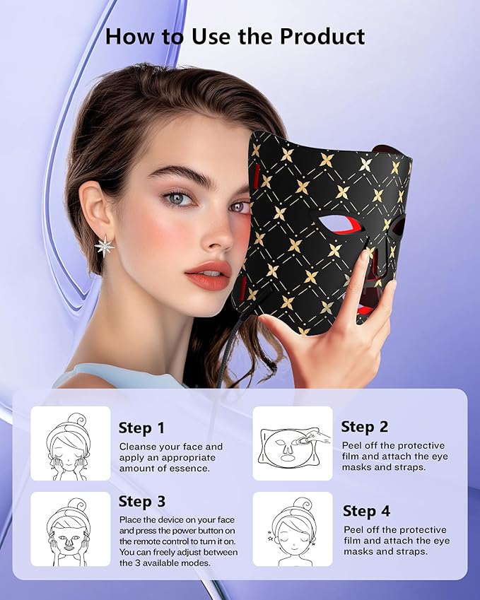 Red Light Therapy for Face,LED Face Mask Light Therapy, 630nm & 830nm Wavelength LED Light Therapy Device for Home Use (Satin Black)