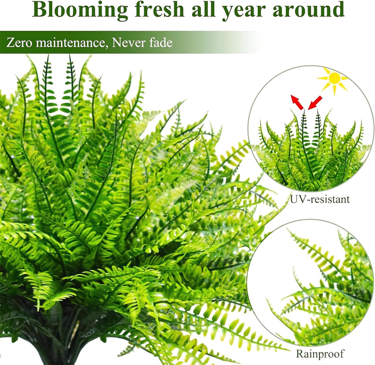 UV Resistant Lifelike Artificial Boston Fern - 2024 New Faux Boston Ferns Outdoor Planter Large, Realistic Fake Feen Hanging Silk Fern Stems Indoor Basket Plant Urn Fillers Front Porch (2, Green)