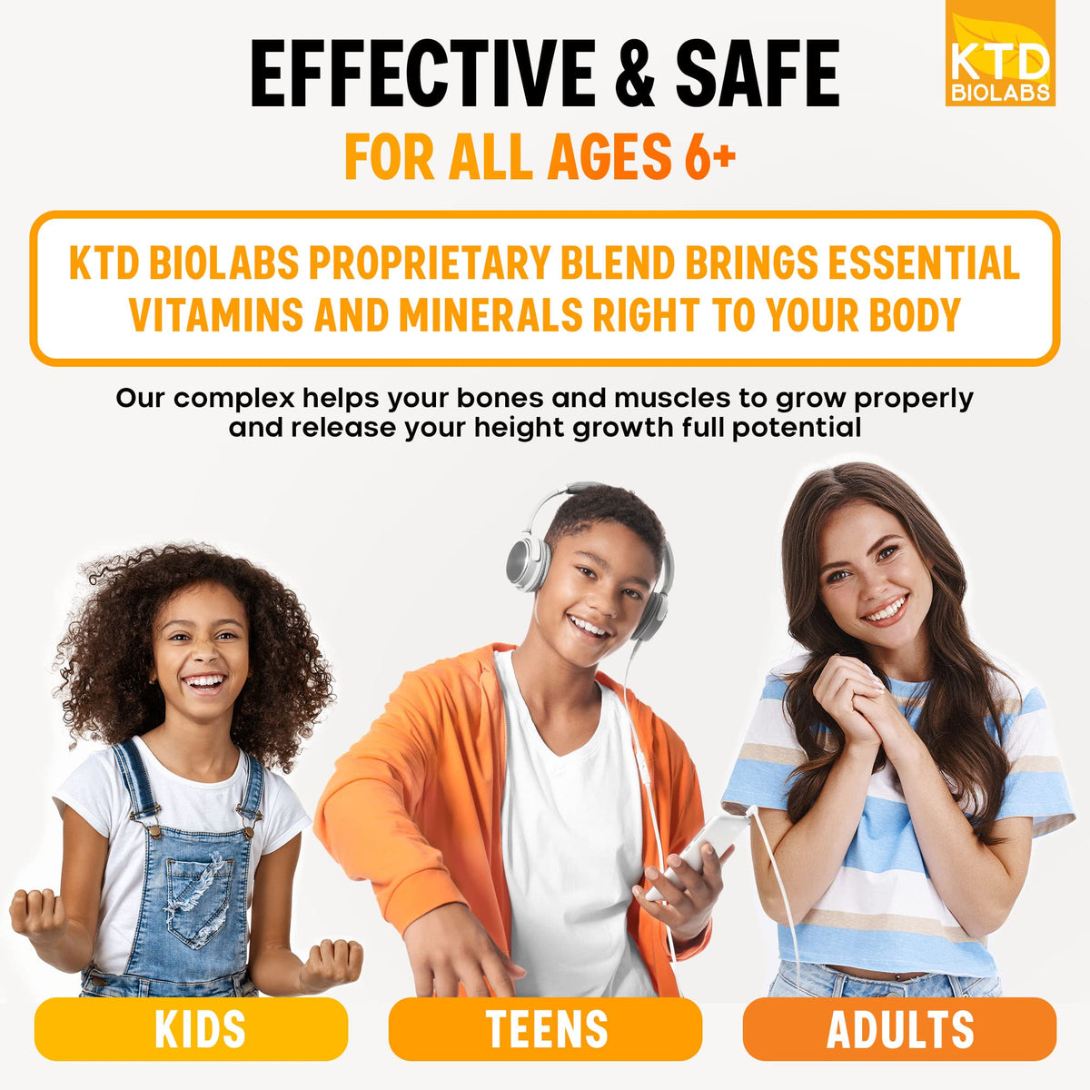 KTD BIOLABS Kids Height Growth Support Capsules 2 Pack – Daily Development Formula with Calcium, Vitamin D3 & Zinc – Bone & Nutrition Support for Kids & Teens – Amino Blend – 120 Capsules Total