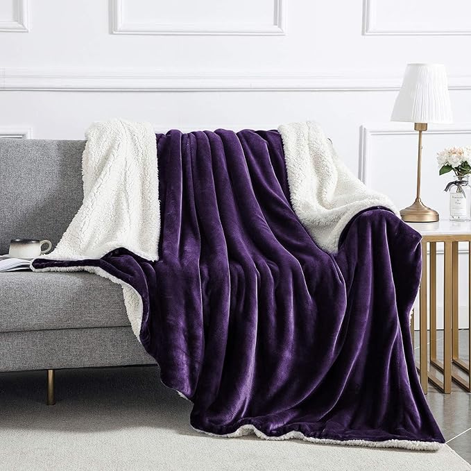 IR Imperial Rooms Purple Sherpa Fleece Throw Blanket Twin Size for Bed - Wholesale Bulk Pack of 12 Sherpa Blankets - Soft Fluffy Throw Blankets for Hotels, Guest Bedroom, 60x80 Inches