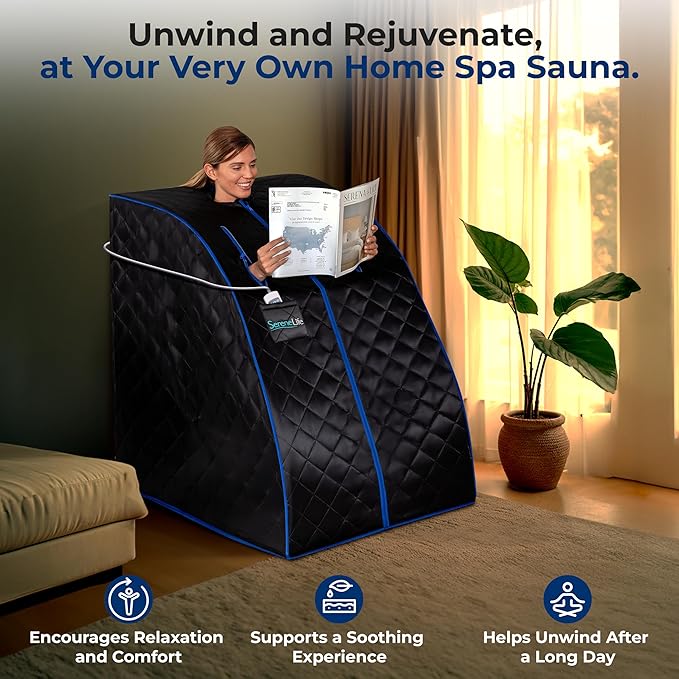 SereneLife Portable Sauna Box for Home, Infrared Sauna Tent with Heated Foot Pad and Folding Chair, Remote Control In-Home Spa, 38" x 32” - (Black)