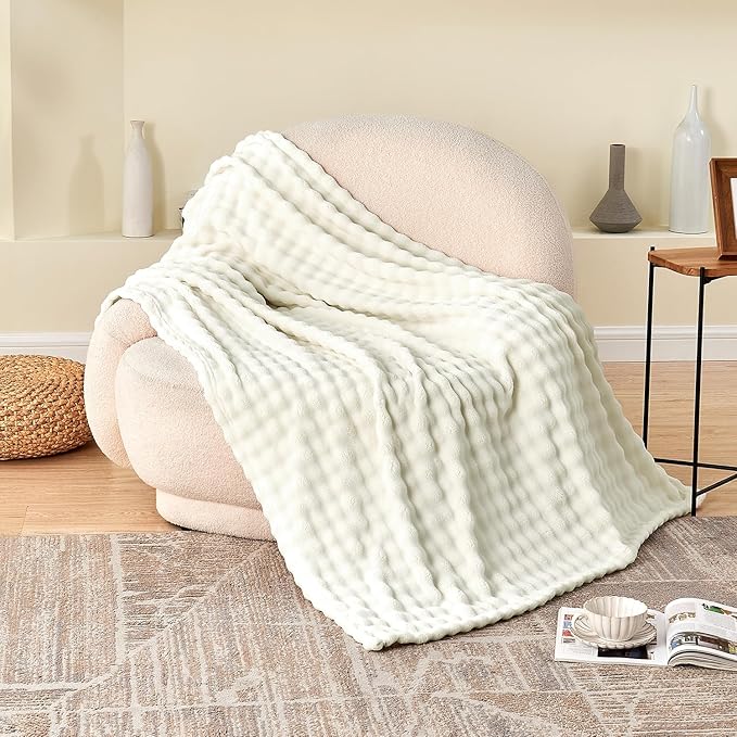 SOCHOW Cream White Bubble Fleece Blanket for Couch, Super Soft Cozy Cute Throw Blanket for Women, Decorative Fuzzy Flannel Blanket, 60 x 80 Inches