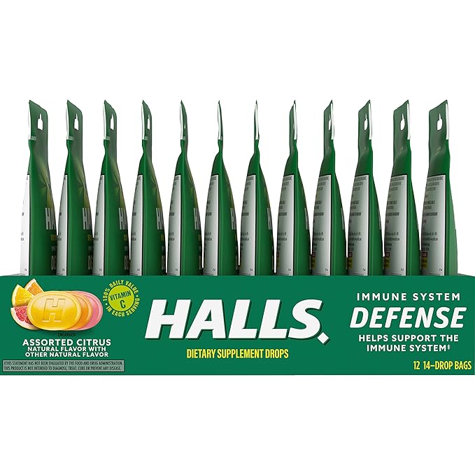 HALLS Defense Assorted Citrus Vitamin C Drops, 12 Packs of 14 Drops (168 Total Drops)