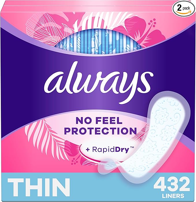 Always Thin No Feel Protection Daily Liners, Regular Absorbency, Unscented, 216 Count x 2 (432 Count Total)