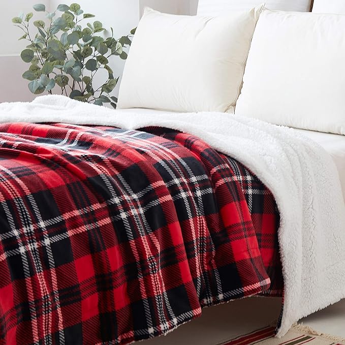 SOCHOW Sherpa Plaid Fleece Throw Blanket, Double-Sided Super Soft Luxurious Bedding Blanket 60 x 80 inches, Red/Grey