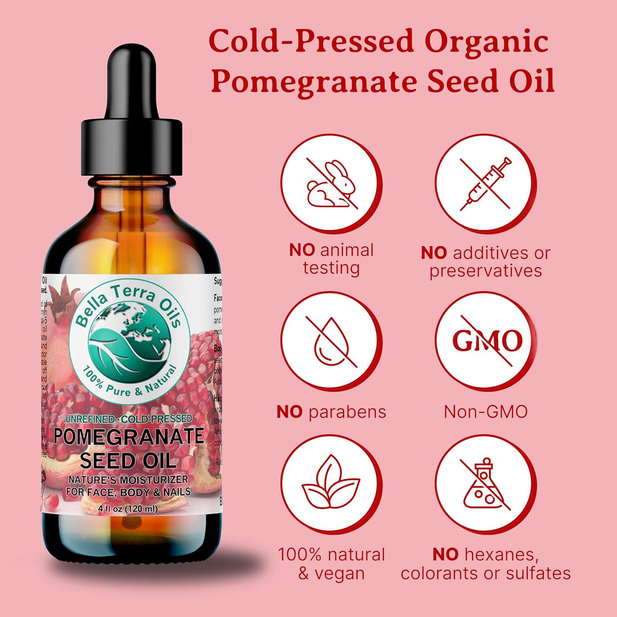 Bella Terra Oils - Organic Pomegranate Seed Oil 4 oz - A Powerhouse of Nutrients & Essential Fatty Acids, Delightfully Cold-Pressed for Pure Skin Nourishment