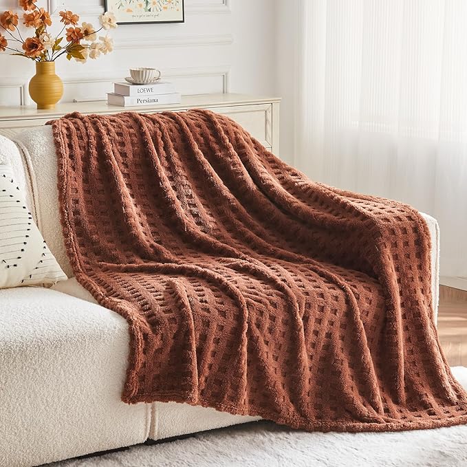 NEWCOSPLAY Super Soft King Blanket Coffee Premium Silky Flannel Fleece 3D Waffle Checkered Lightweight Bed Blanket All Season Use (Coffee, King(90"x110"))