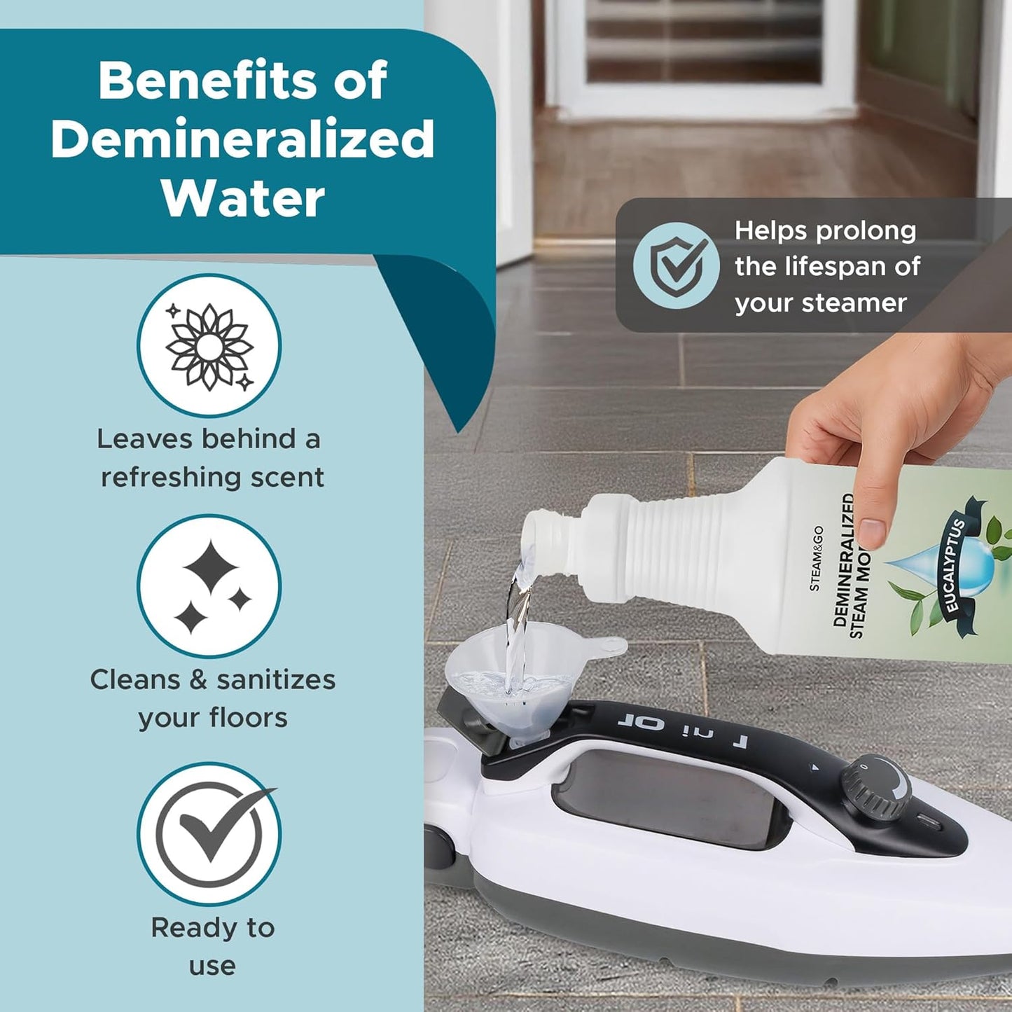 Steam & Go - Demineralized Water for Steam Cleaner, PVC-Free Floor Cleaner Liquid Compatible With Any Steam Mop, Ready-to-Use Multisurface Cleaner, Scented Mop Solution, Eucalyptus Mint, 32 oz