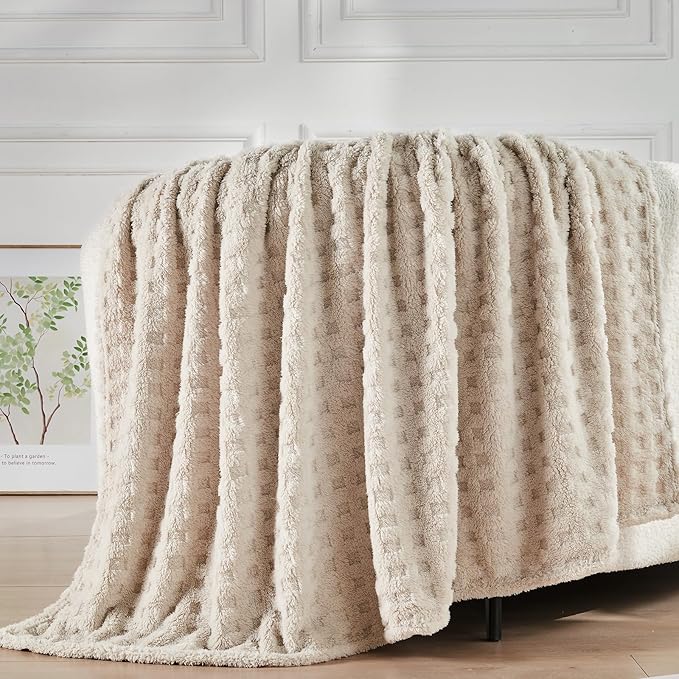 NEWCOSPLAY Super Soft Throw Blanket Linen Premium Silky Flannel Fleece 3D Waffle Checkered Lightweight Bed Blanket All Season Use (Linen, Throw(50"x70"))