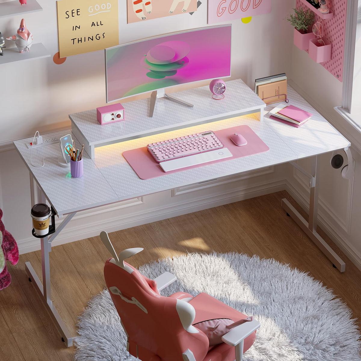 Bestier 52 inch Gaming Desk with Power Outlets and USB Charging Ports, Computer Desk with LED Lights and Monitor Stand, Gamer Desk for Home Office, Easy to Assemble, Carbon Fiber White