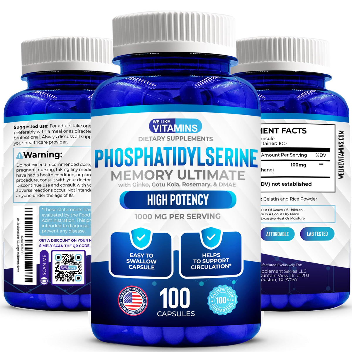 We Like Vitamins Phosphatidylserine Supplement with Gingko Biloba, Gotu Kola, DMAE - Improves Focus, Memory, Cognitive Function - Soy-Free 1000mg Memory Ultimate Complex - 100 Easy-to-Swallow Capsules