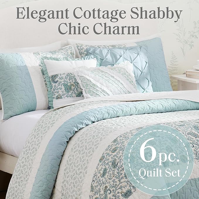 Madison Park 100% Cotton Quilt Set Floral Print, Double Sided Stitching, All Season, Lightweight Coverlet Shabby Chic Bedding Layer, Matching Shams, Full/Queen, Light Teal 6 Piece,Aqua