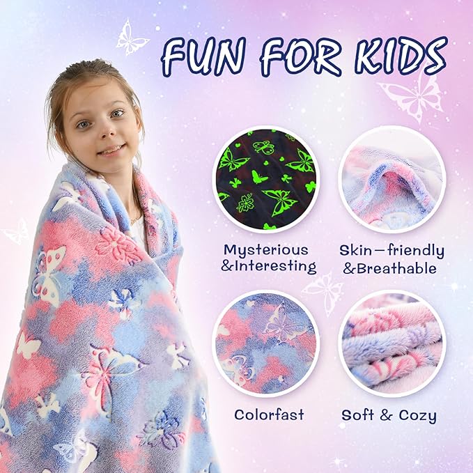 SOCHOW Butterfly Glow in The Dark Blanket for Daughters, Toys for 3-10 Year Old Birthday Presents, Soft Cozy Flannel Throw Blanket for Preteens Teens, Purple 60 x 80 Inches