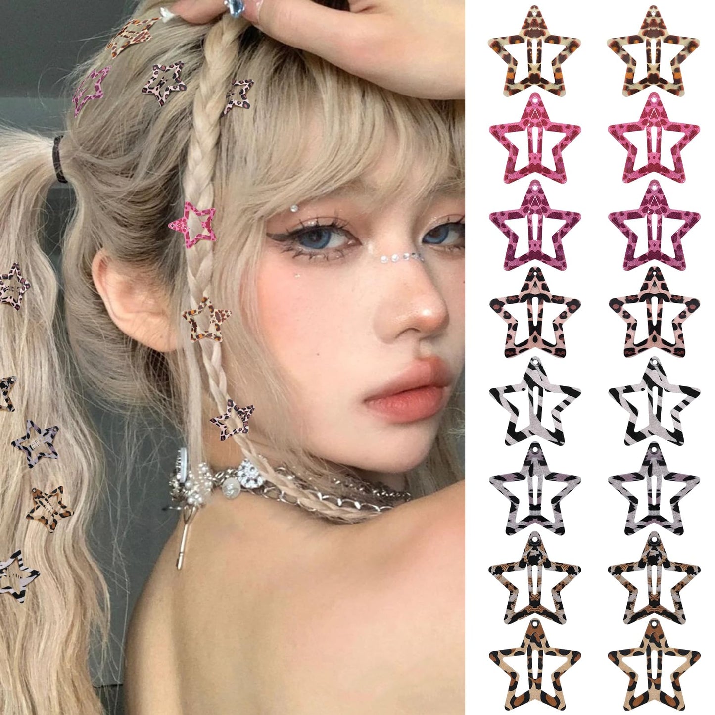 Star Hair Clips Snap Hair Barrettes Non Slip Star Hair Accessories Leopard Colors Metal Hair Clips for Girls Women -16 PCS -Red & Grey