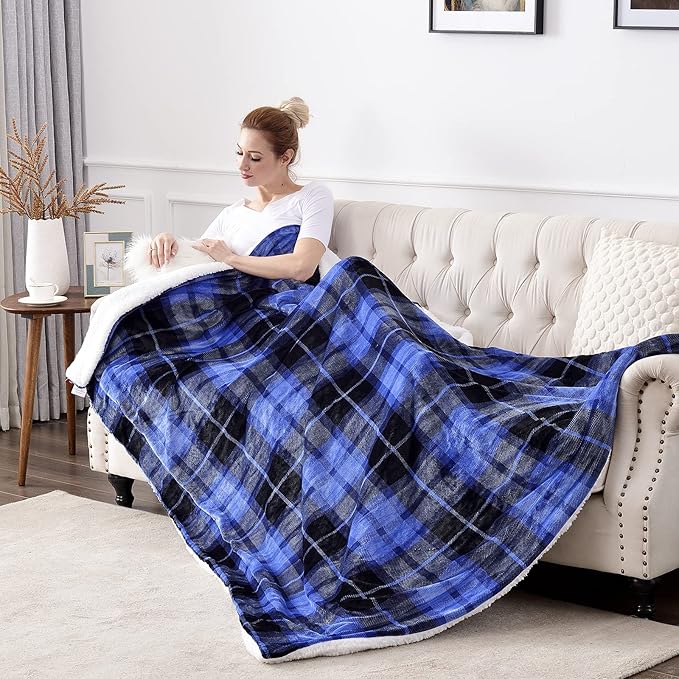 SOCHOW Sherpa Plaid Fleece Throw Blanket, Double-Sided Super Soft Luxurious Bedding Blanket 50 x 60 inches, Blue