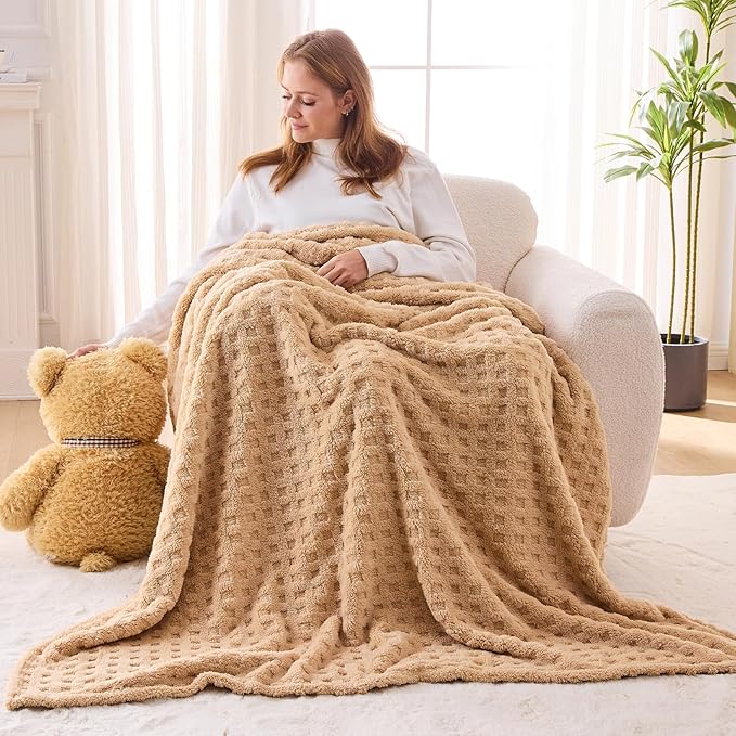 NEWCOSPLAY Super Soft Throw Blanket Brown Premium Silky Flannel Fleece 3D Waffle Checkered Lightweight Bed Blanket All Season Use (Brown, Throw(50"x70"))