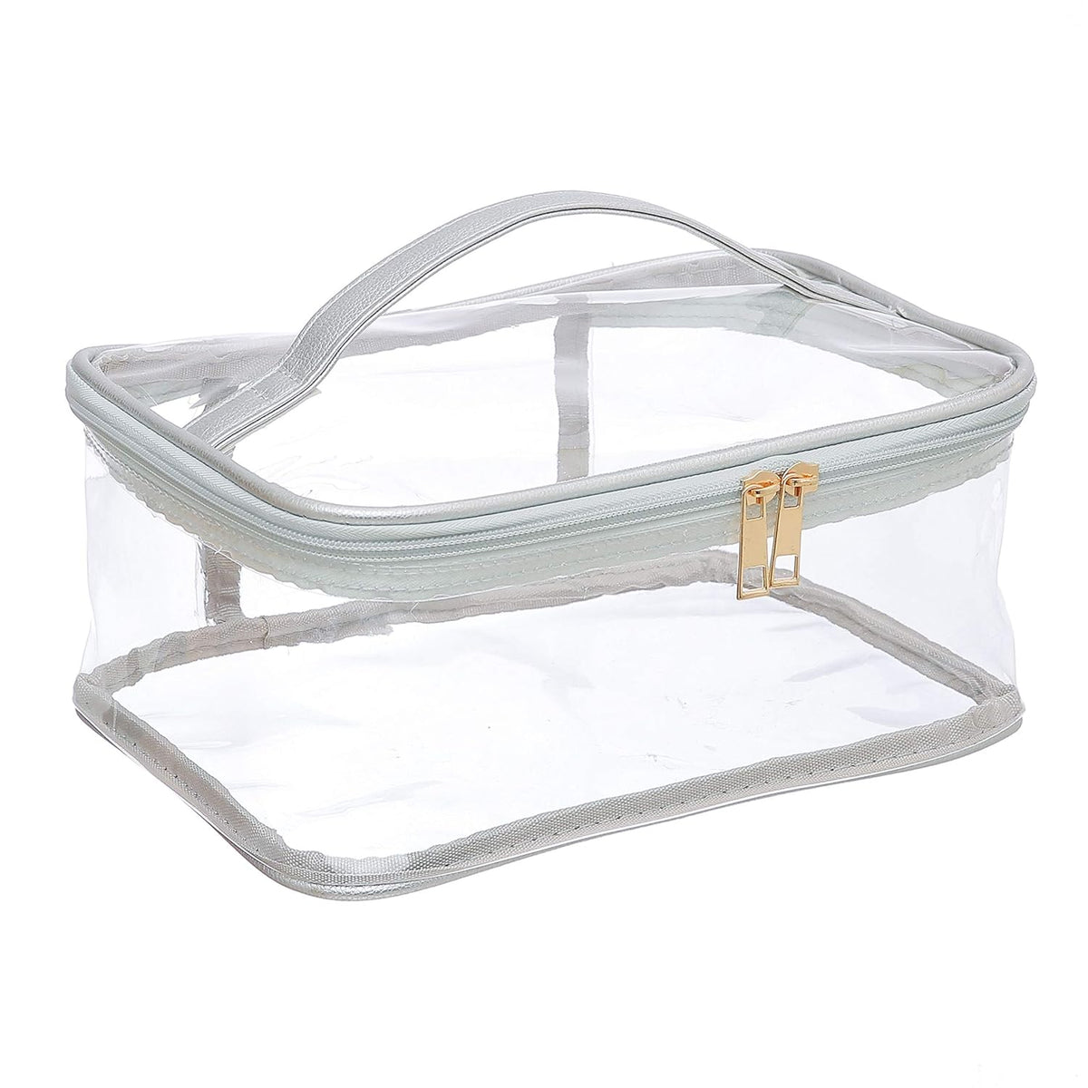 Large Cosmetic Bag for Women / Clear, See-Through Makeup, Hair & Nail Accessories Pouch for Travel or Home / Transparent PVC Plastic Organizer, Spacious Interior, Handle & Double Zippers (Silver)