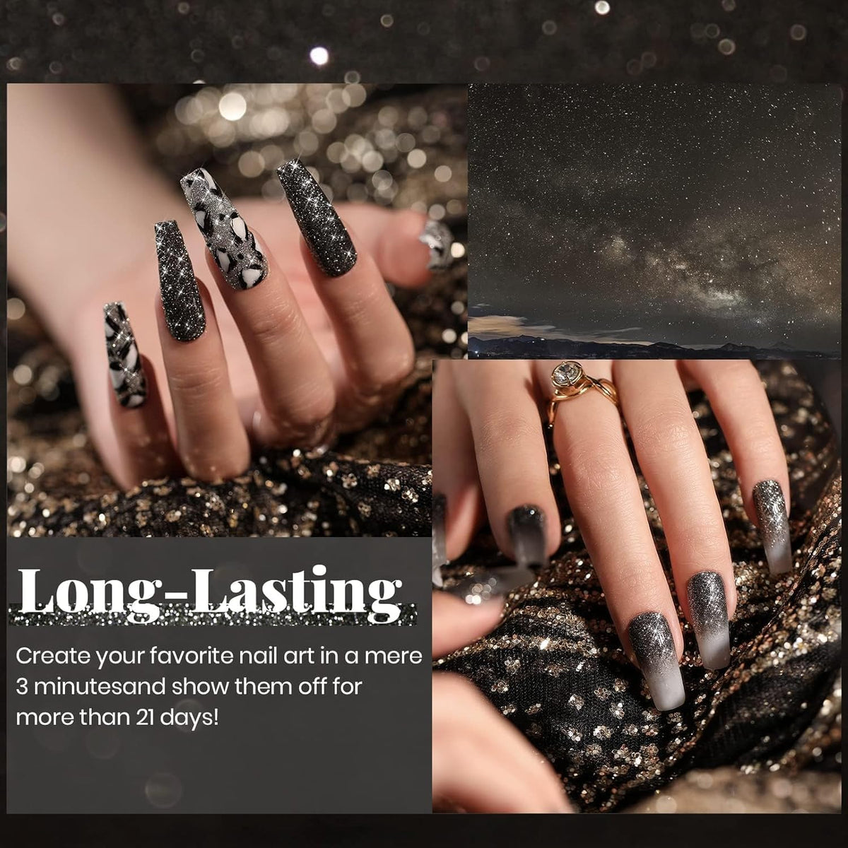 Beetles Black Gel Nail Polish, 1Pcs 15ML Glitter Gel Nail Polish Black Sparkle Reflective Shimmer Color Soak Off UV Lamp Disco Nail Art Manicure Salon DIY at Home Gifts for Her