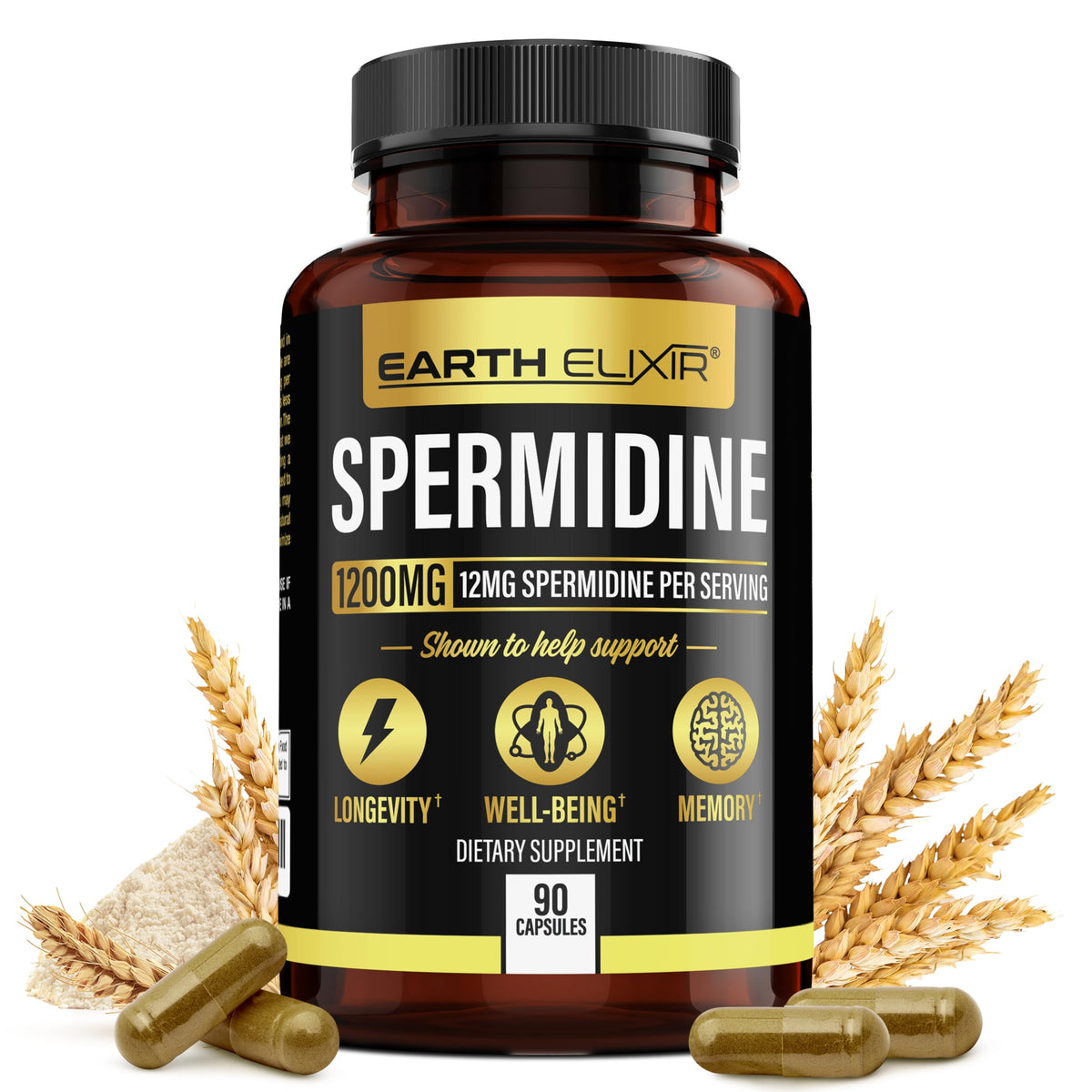 Earth Elixir Spermidine Supplements 1200mg (90 Capsules) – Anti Aging - 3rd Party Tested (12mg Spermidine Powder) Max Purity - 100% Pure Espermidina- Fermented Wheat Germ Extract - NMN Alternative