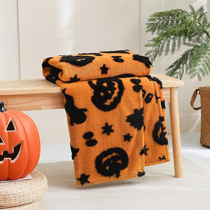 SOCHOW Halloween Jacquard Throw Blanket, Fuzzy Soft Cozy Warm Pumpkin Ghost Fall Decor Holiday Blanket for Couch, Sofa and Bed, 50 x 60 Inches, Orange/Black