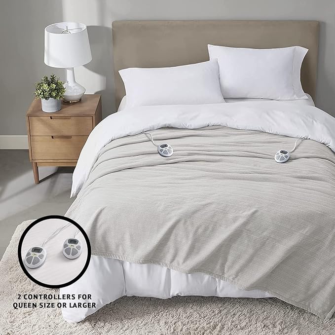 Serta Travis Fleece Ultra Soft Tri-Rib Textured Electric Blanket, Cozy and Snuggly Cover Fast Heating for Cold Weather, Auto Shut Off, Multi Heat Setting Controller, Queen, Pumice Stone Grey