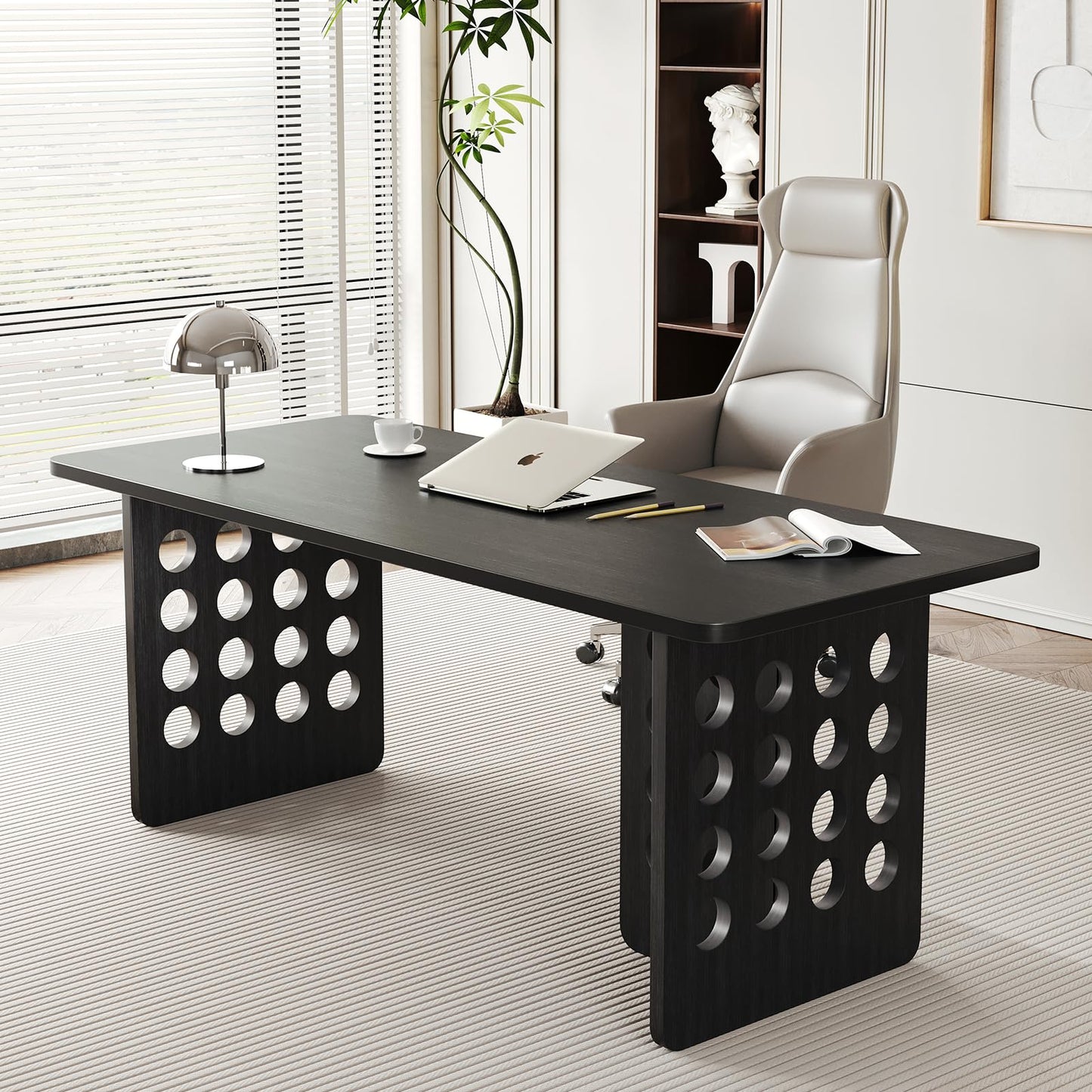 MesaSync 60 Inch Executive Desk, Large Computer Office Desk with Black Desktop，Modern Minimalist Workstations Writing Table Study Desk for Business and Home Office