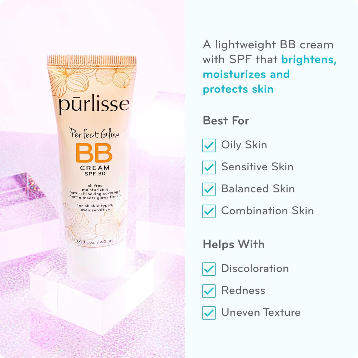 pūrlisse Perfect Glow BB Cream with SPF 30 - Matte Meets Dewy Finish - Enriched with Goji & Hawthorn Berry to Help Improve Skin Texture & Radiance - Light Warm (1.4 oz)