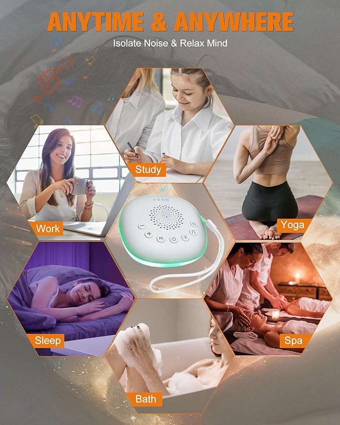 White Noise Machine - Portable Sound Machine with 20 Soothing Sounds 9 Colors Night Light for Baby Kids Adult Sleep Machines Memory Function 30 Volume Levels 4 Timers for Home Office Travel Relaxation