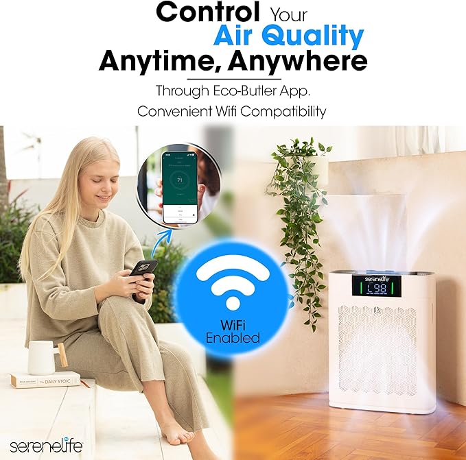 SereneLife HEPA Air Purifier for Home – Smart WiFi & App Control, Ultra-Quiet Air Purifier for Bedrooms & Large Rooms, Removes Dust, Pet Hair & Odors, Ideal for Pets & Allergies (1,076 Sq Ft, White)