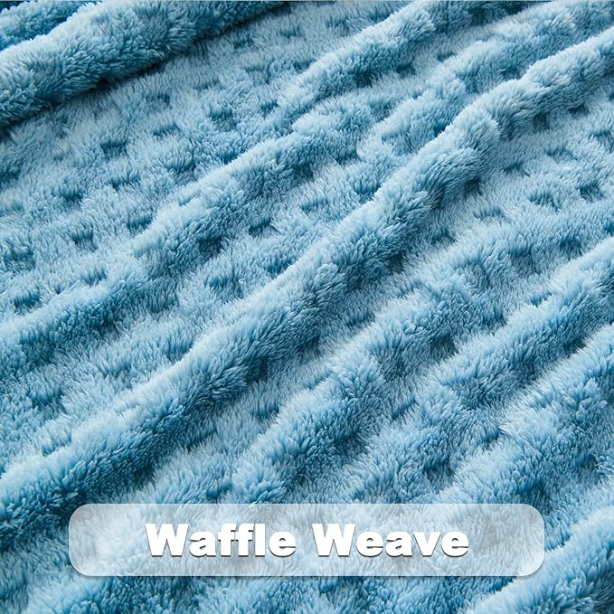 NEWCOSPLAY Super Soft Queen Blanket Blue Premium Silky Flannel Fleece 3D Waffle Checkered Lightweight Bed Blanket All Season Use (Blue, Queen(90"x90"))
