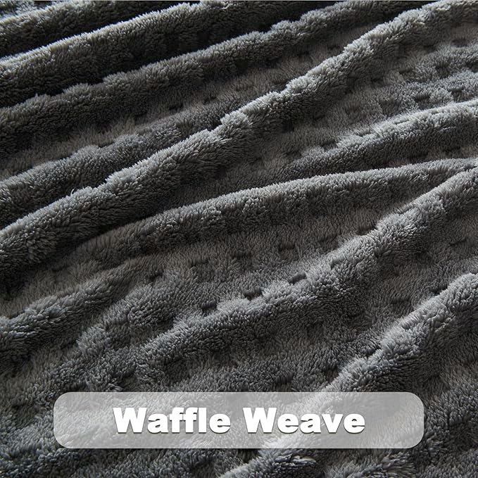 NEWCOSPLAY Super Soft King Blanket Grey Premium Silky Flannel Fleece 3D Waffle Checkered Lightweight Bed Blanket All Season Use (Dark Grey, King(90"x110"))