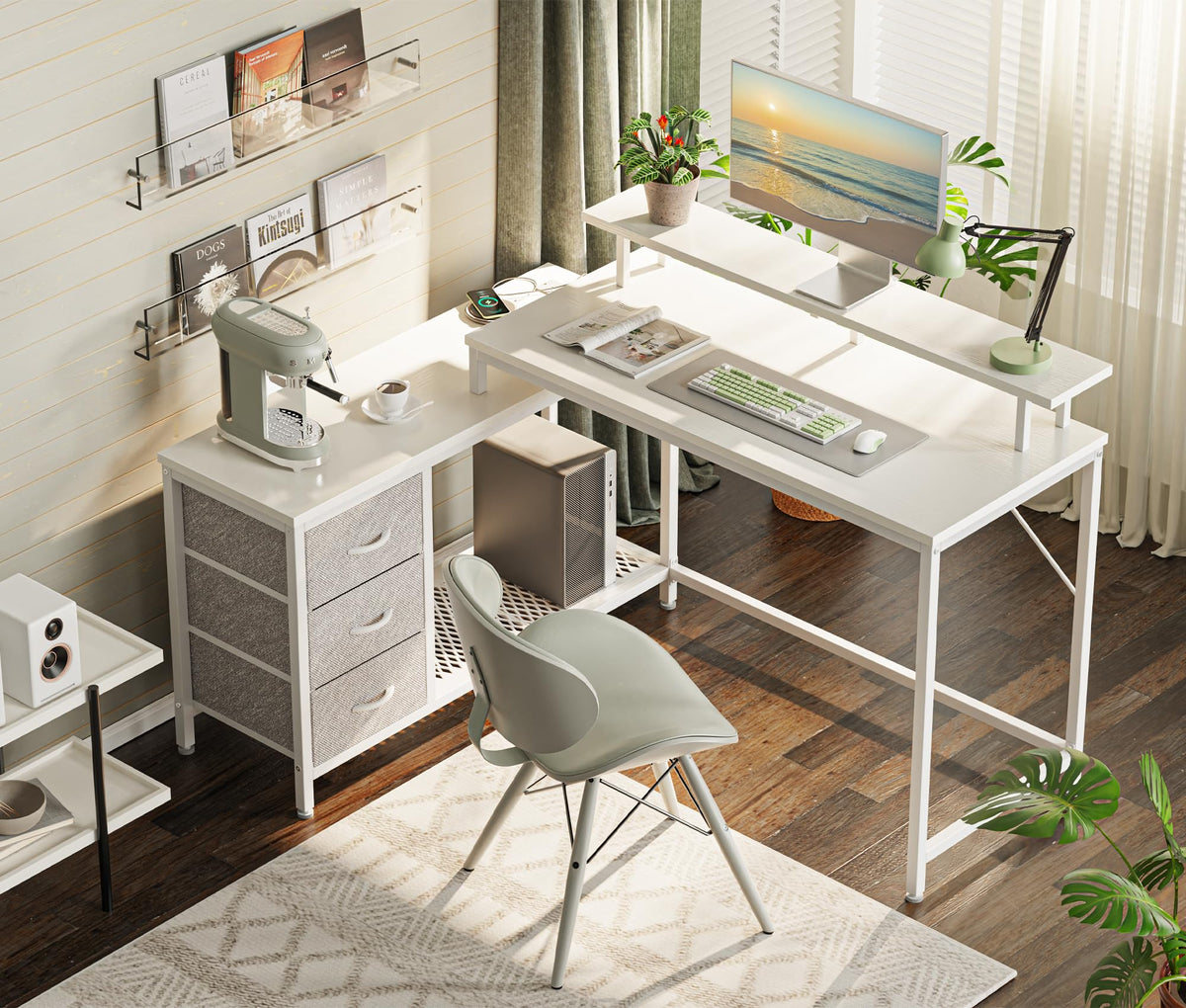 Huuger Reversible L Shaped Computer Desk with Drawers, Gaming Desk with LED Lights and Power Outlets, Office Desk with Storage Shelves, Corner Desk with Monitor Stand, for Home & Office, White