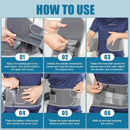 HONGJING Back Support Brace with Heating for Lower Back Pain Relief, Heated Lumbar Compression Belt Built-in 7 Metal Stays 5000mAh Rechargeable Battery, for Herniated Disc & Scoliosis Pain Relief
