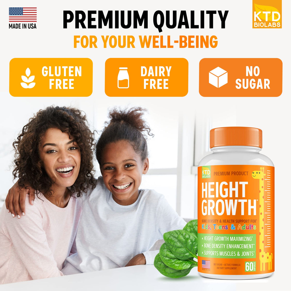 KTD BIOLABS Kids Height Growth Support Capsules 2 Pack – Daily Development Formula with Calcium, Vitamin D3 & Zinc – Bone & Nutrition Support for Kids & Teens – Amino Blend – 120 Capsules Total