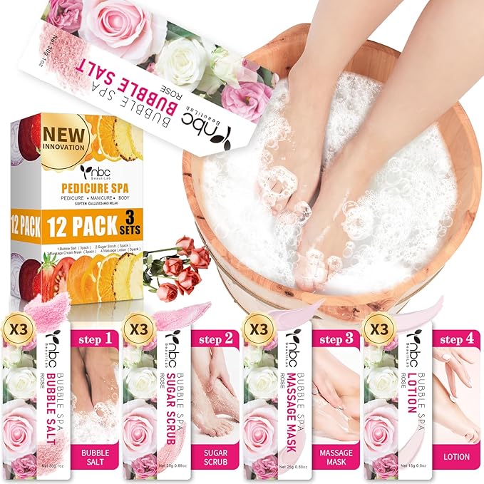 Pedicure Kit Foot Soak Set: Bubble Salt, Sugar Scrub, Massage Mask, Massage Lotion in a Box, 4 Step Foot Spa Kit for Dry Feet, Softens Calluses, Soothes Sore, Tired Feet（3 Set Rose)