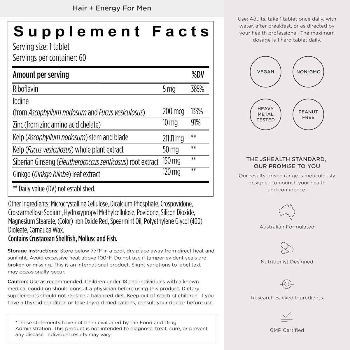 JSHealth Hair Growth Supplement for Men. Kelp Iodine, Zinc, Siberian Ginseng, Ginkgo. Supports Hair, Healthy Hormone Levels, Energy, Stamina. Nutritionist-Formulated (60 Tablets)