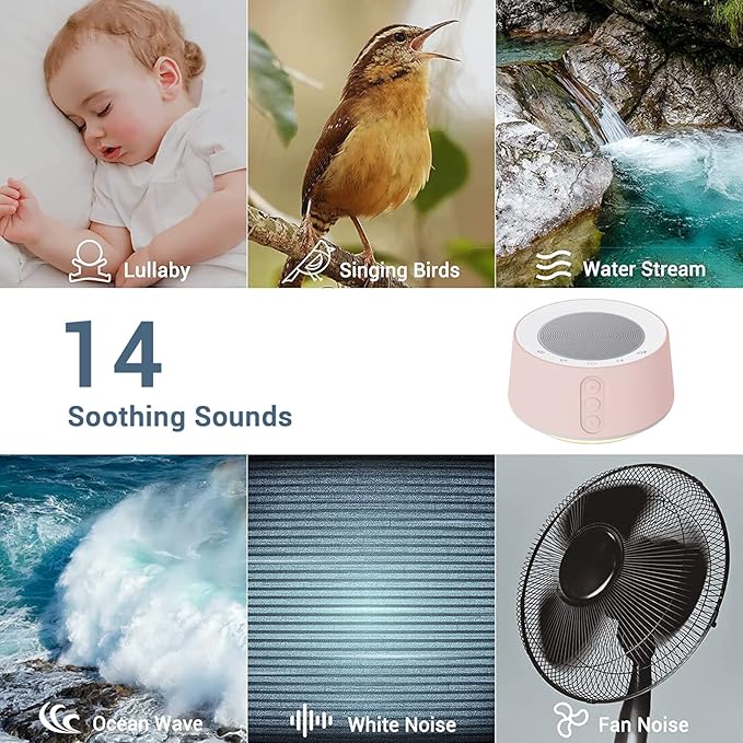 BGOVERSS White Noise Machine with 14 Soothing Sounds and 10 Levels Night Light for Sleeping, 5 Timers and Memory Feature - Plug in Sound Machine for Nursery, Baby, Kids, Adults, Pink