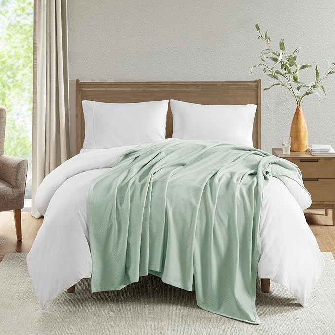 Madison Park Liquid Cotton Luxury Blanket Premium Soft Cozy 100% Ring Spun Cotton For Bed , Couch or Sofa, Twin, Sea Foam