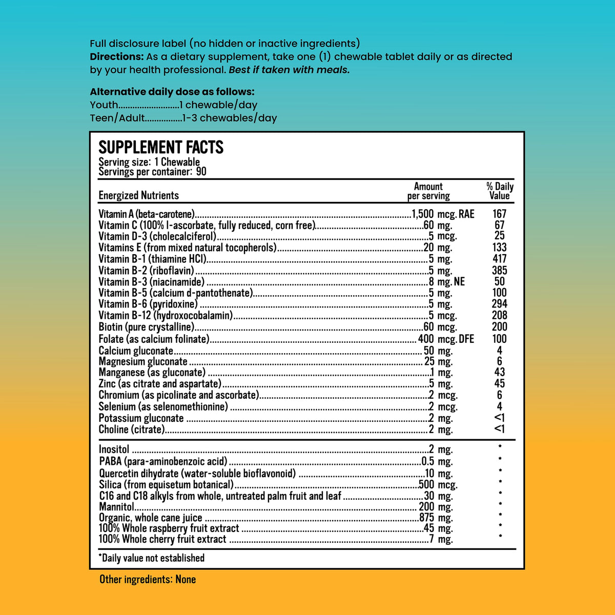 Alkaline for Life Energized Multi+ Chewables Daily Multivitamin with Methylated B12 and Folate, Mineral Chelates and Citrate Forms, Berry-Flavored Chewable for Adults and Families