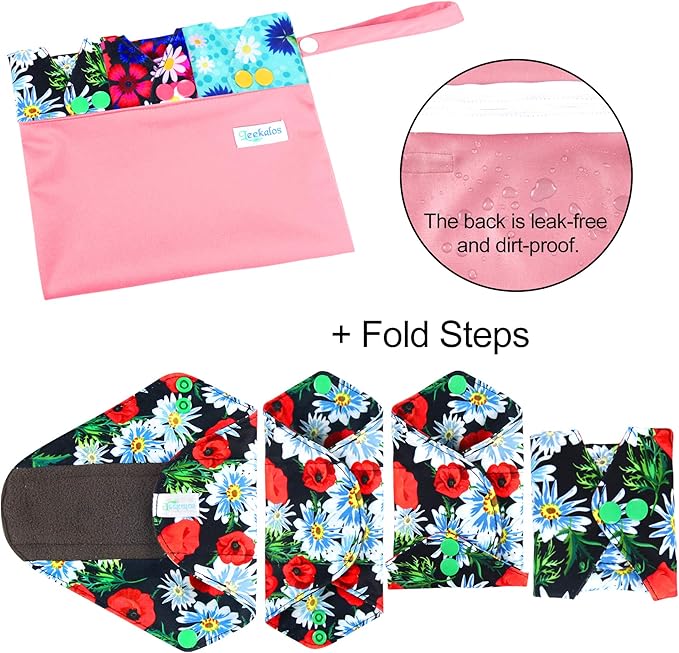 Leekalos Reusable Menstrual Pads - Bamboo Menstrual Cloth Pads | Light Incontinence Pads | Reusable Sanitary Pads - Pack of 6, 1 Cloth Mini Wet Bag