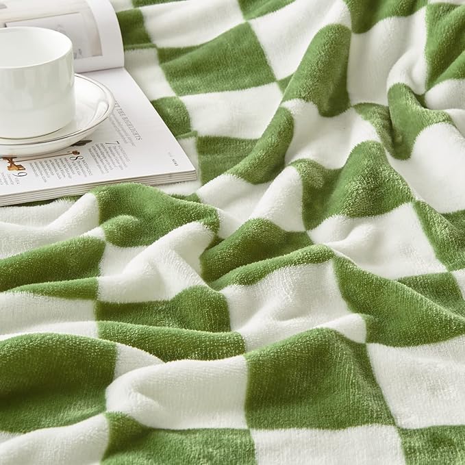 SOCHOW Checkered Flannel Throw Blanket, Soft Cozy Checkerboard Grid Pattern Fleece Blanket for Couch Bed Sofa, Sage Green 60 x 80 Inches