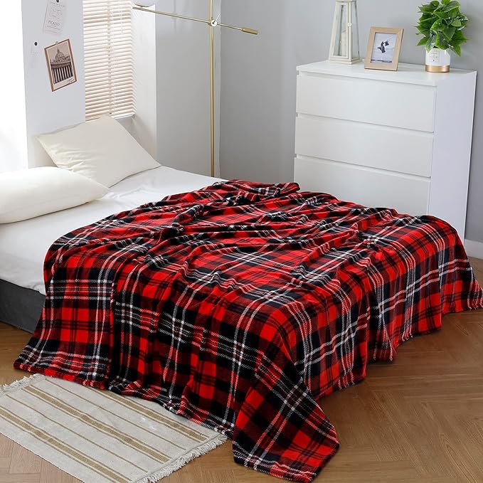 SOCHOW Flannel Fleece Throw Blanket 90 x 90 Inches, All Season Plaid Red/Grey Blanket for Bed, Couch, Car