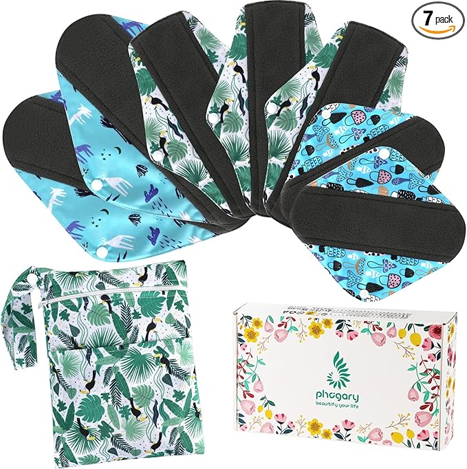 PHOGARY Reusable Menstrual Pads, Bamboo Cloth Pads for Heavy Flow with Wet Bag, 3 Sizes Sanitary Pads Set with Wings for Women, Washable Overnight Cloth Panty Liners Period Pads