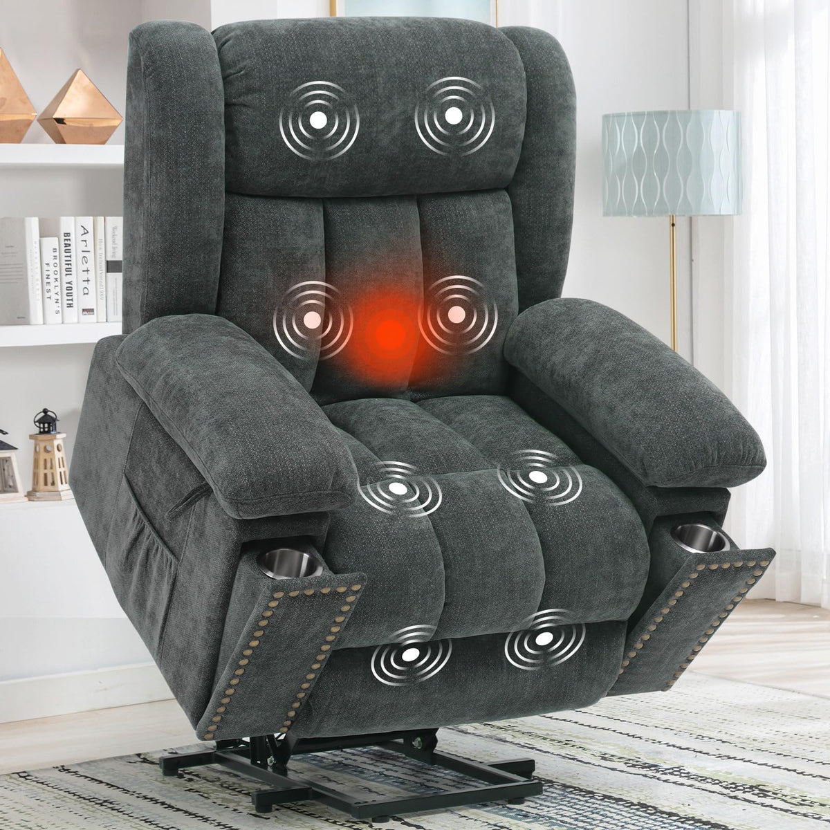 SENYUN Electric Power Lift Recliner Chair for Elderly with Heat & Massage, Chenille Large Reclining Chairs w/2 Concealed Cup Holders for Seniors Home Living Room,1PC,Grey Blue