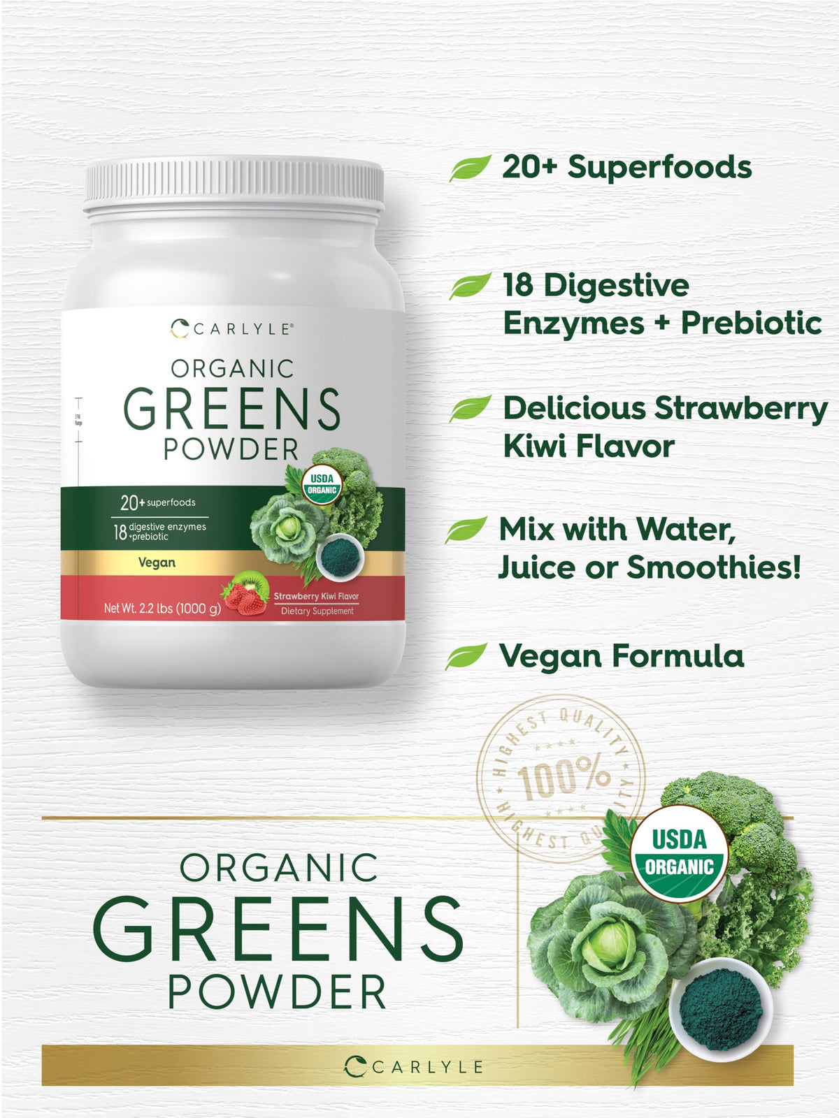Carlyle Organic Greens Powder | 35.2 oz Supplement | Strawberry Kiwi Flavor | Relieves Occasional Gas, Discomfort & Bloating | with 20+ Superfoods, and Prebiotics | Vegan, Non-GMO and Gluten Free