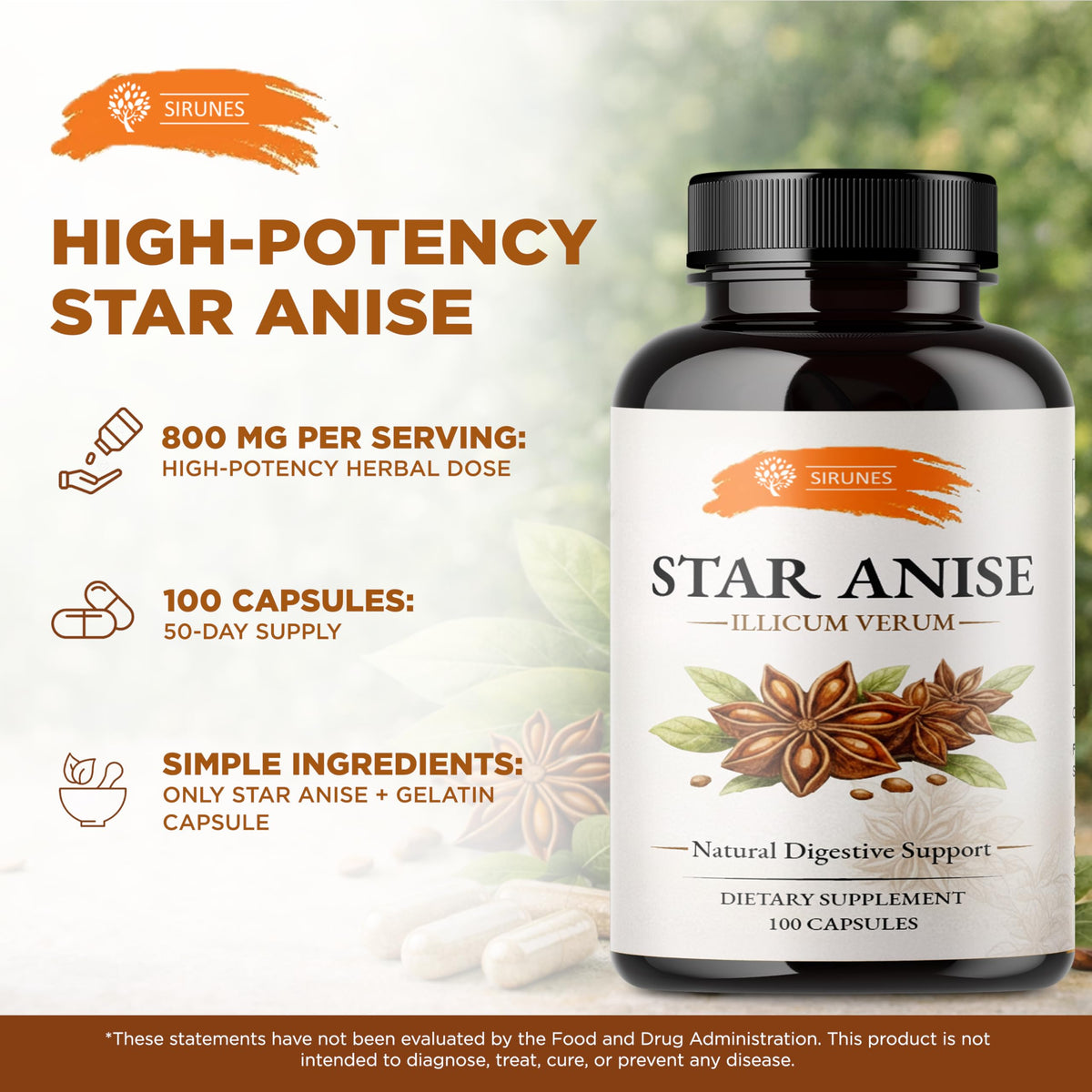 SIRUNES Star Anise Capsules (Illicium Verum) – 800 mg per Serving, 400 mg per Capsule – Herbal Star Anise Supplement – Natural Botanical Spice Extract – Gelatin Capsules – 100 Count