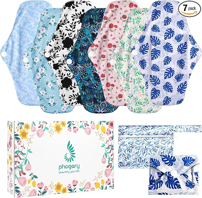 PHOGARY 7 Packs Reusable Menstrual Pads with Wings, Breathable Mesh Surface Cloth Sanitary Pads for Heavy Flow with Wet Bag, Washable Overnight Cloth Panty Liners for Women