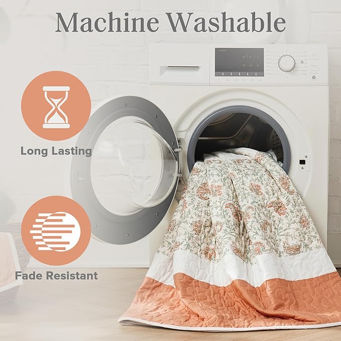 Madison Park 100% Cotton Quilt Set Floral Print, Double Sided Stitching, All Season, Lightweight Coverlet Shabby Chic Bedding Layer, Matching Shams, Full/Queen, Coral 6 Piece